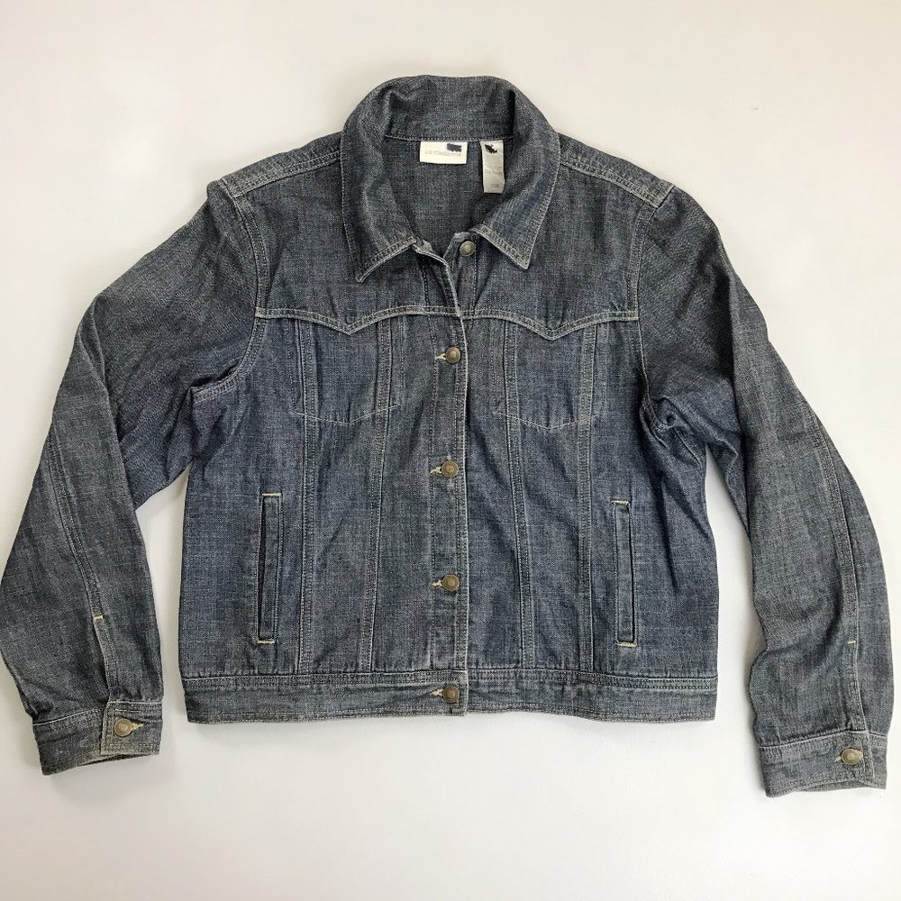 LIZ CLAIBORNE Textured Denim Jean Jacket L/XL Heavy Button Front Western Yoke